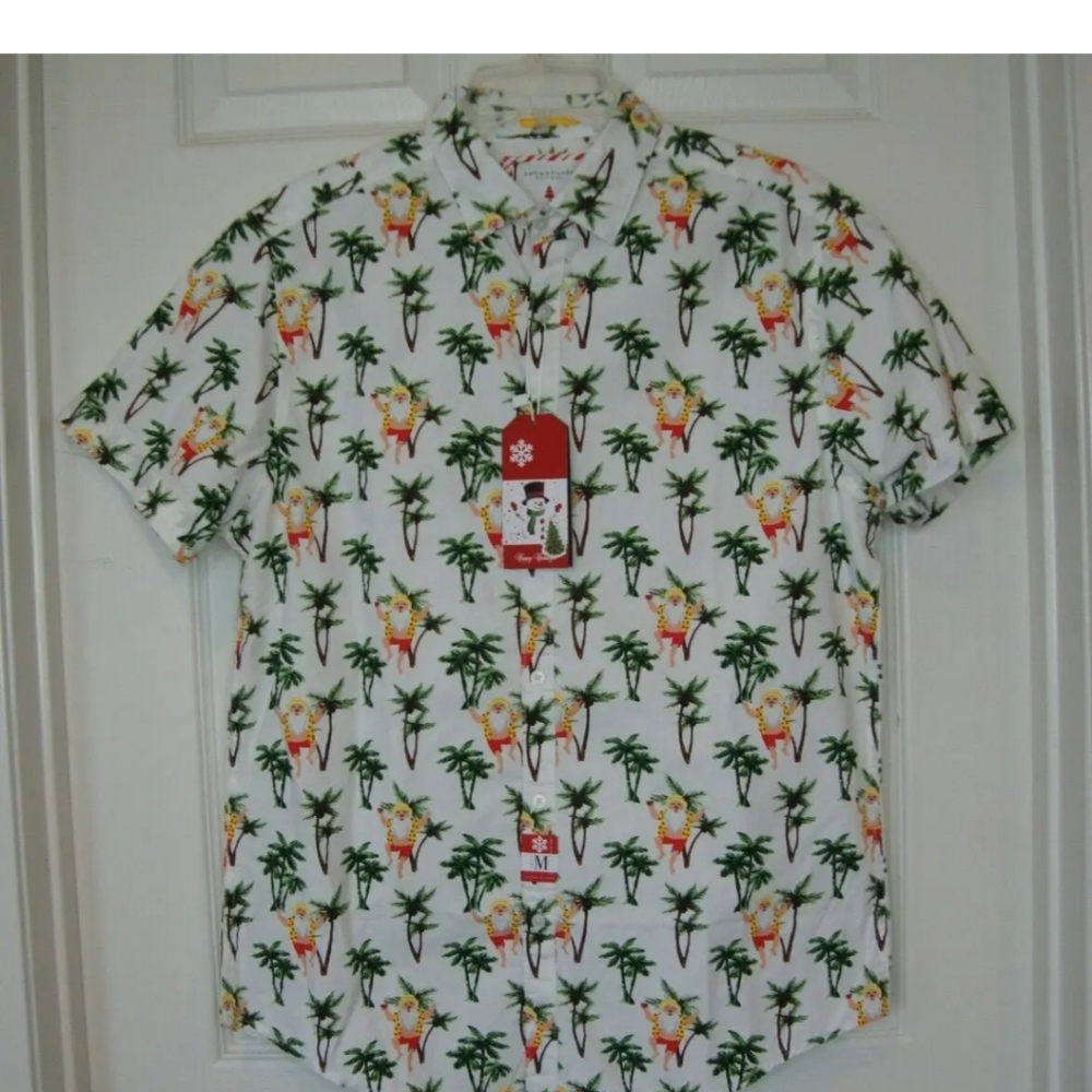 Beach Santa Hawaiian Christmas Aloha Shirt Men's S Denim & Flower Holiday